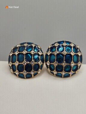 Butler Blue Enamel Rhinestone Dome Clip-On Earrings Gold Tone 1" Vintage FAC